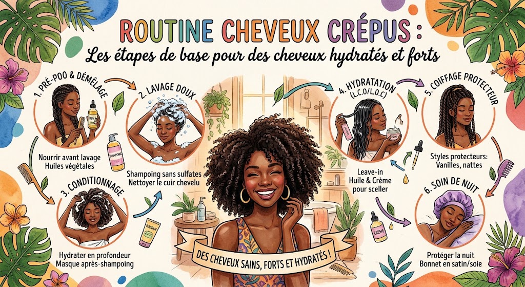 Routine cheveux crépus Les étapes de base pour des cheveux hydratés et forts Routine cheveux crépus Les étapes de base pour des cheveux hydratés et forts